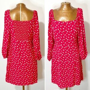 Anthro Sanctuary Cilia Long Sleeve Floral Red Bloom Smocked Mini Dress Size 6
